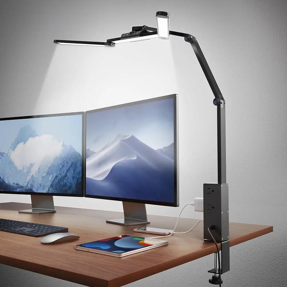 LED Desk Lamp with Power Strip 6 Outlets USB Type-C Touch Control Eye-Caring Bright Adjustable Swing Arm Clamps Home Office