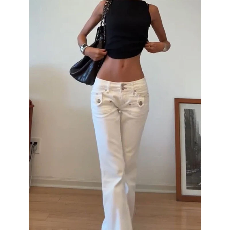 2025 الخريف النساء خمر الأبيض منخفضة الخصر مضيئة الجينز التخسيس طماق Faionable Bootcut السراويل الشارع الشهير Y2k سراويل جينز