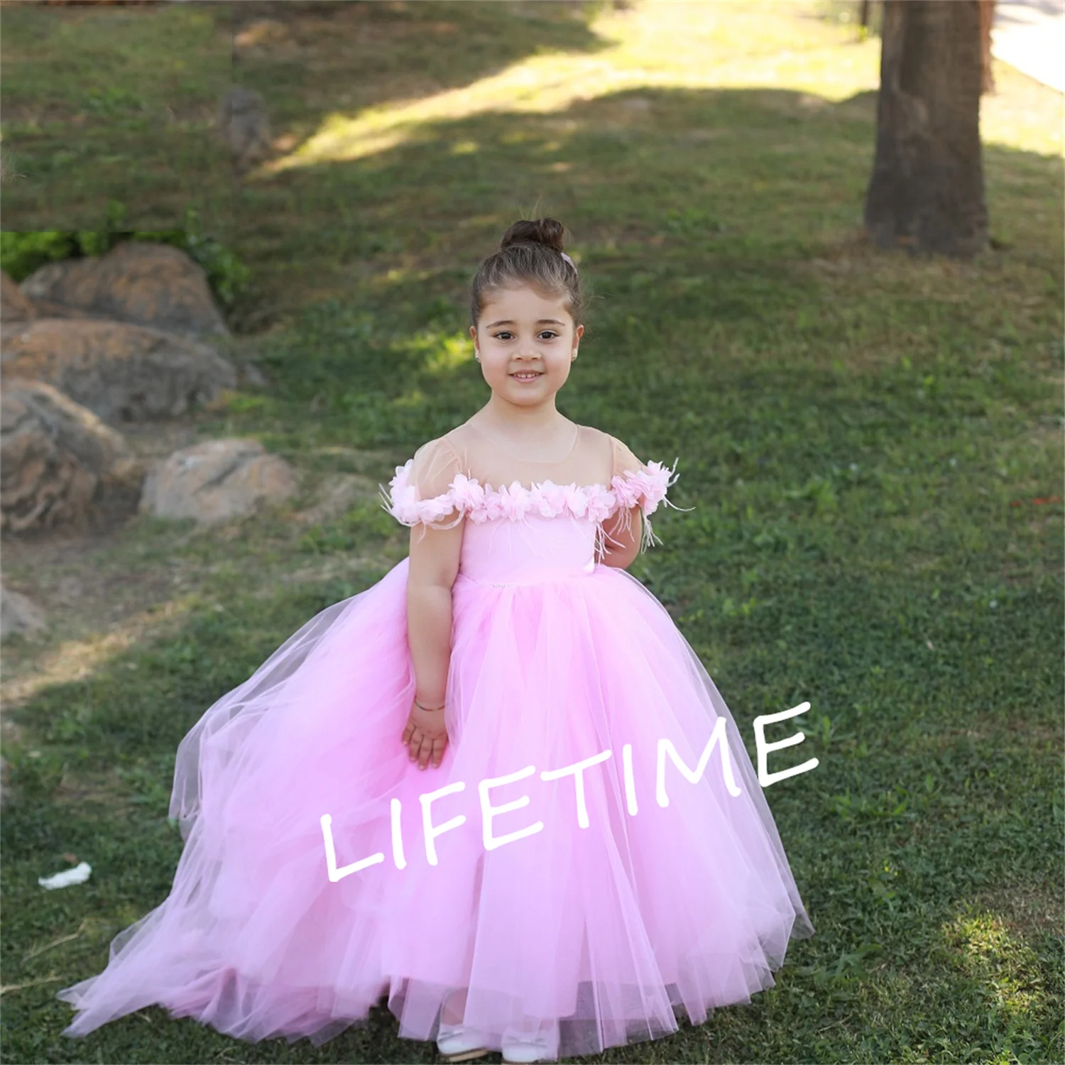 

Lilac Flower Girl Dress 3D Tulle Flowers First Birthday Dress Toddler With Big Bow Kids Princess Pageant Party Dress Customized