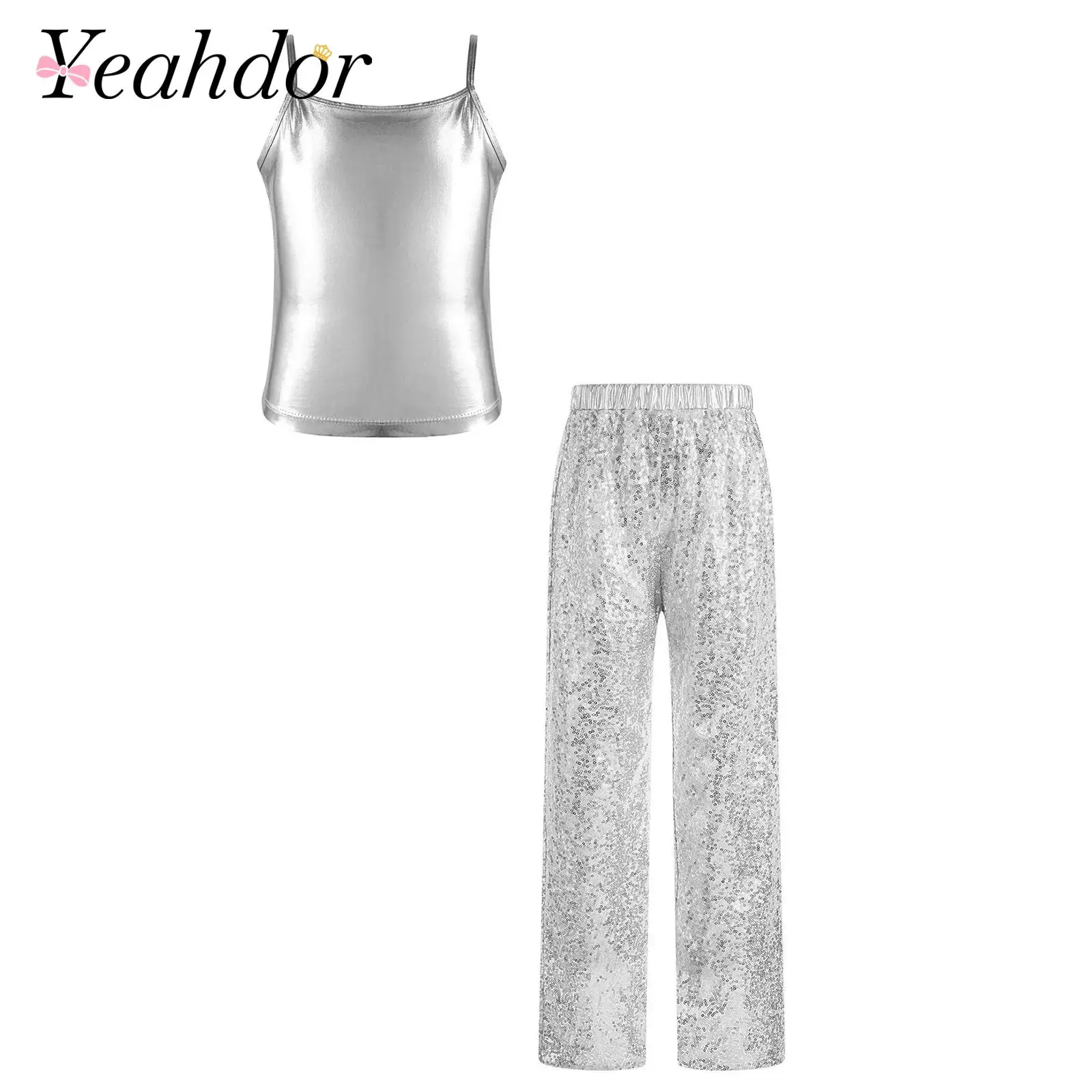 Kids Girls Hip Hop Dancewear Jazz Dance Performance Outfit Spaghetti Shoulder Straps Metallic Camisole with Sequin Pants Suits