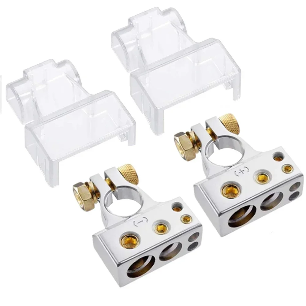 Car Battery Terminal Connectors Kit 2/4/8/10 AWG Auto Audio Positive Negative Battery Post Clamp Clear Covers Shims Gold Silver