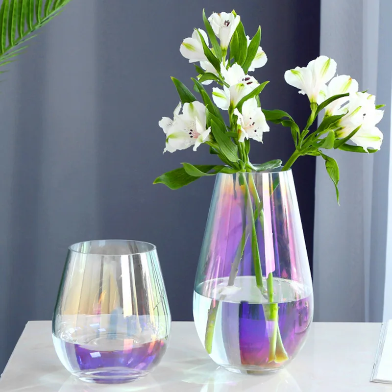 Iridescent  Colorful rainbow vertical pattern transparent glass vase desktop ornaments flower arrangement