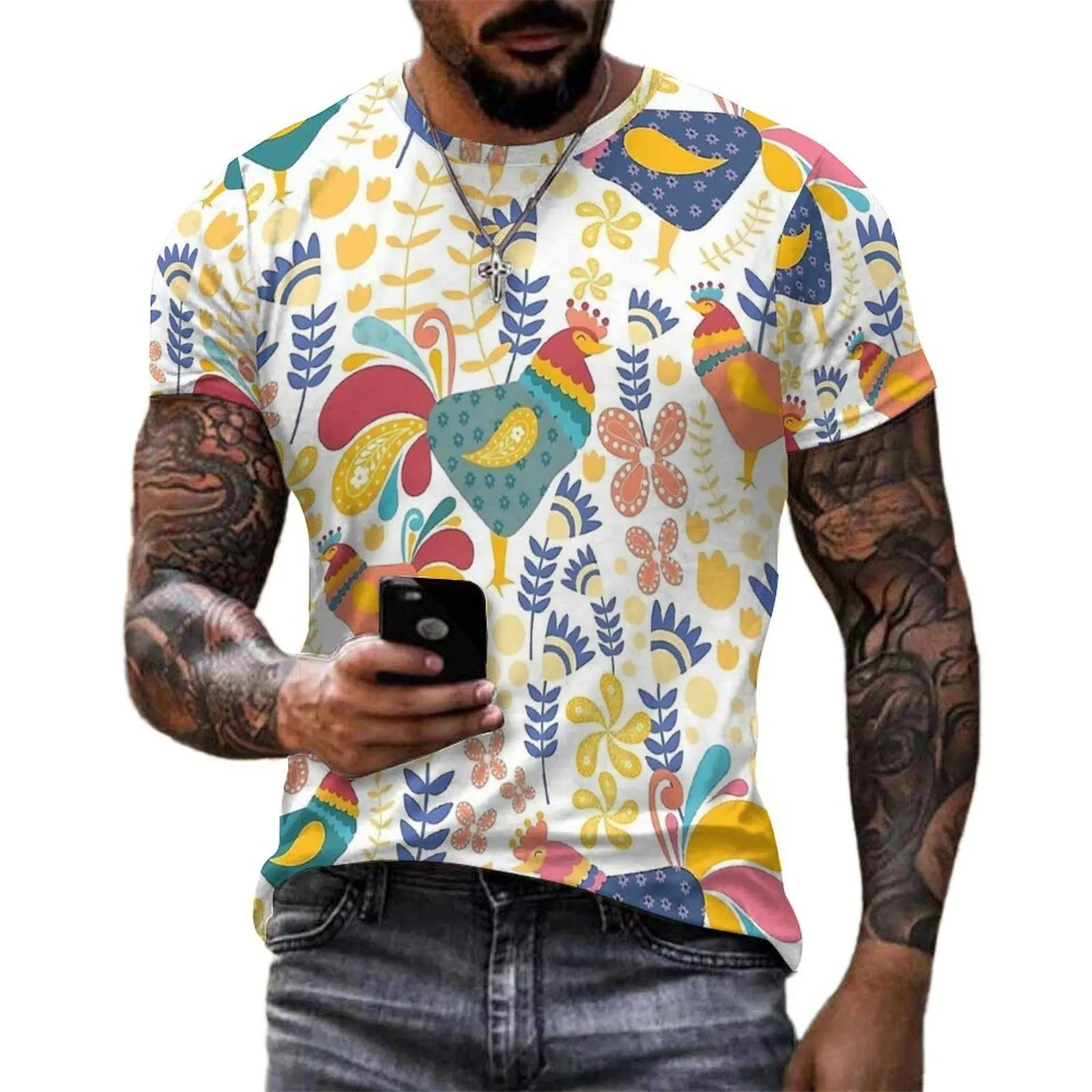 Summer T-Shirt Chickens Chilling T-Shirts Floral Print Casual Popular Tees For Men Short Sleeve Graphic Oversize Clothes