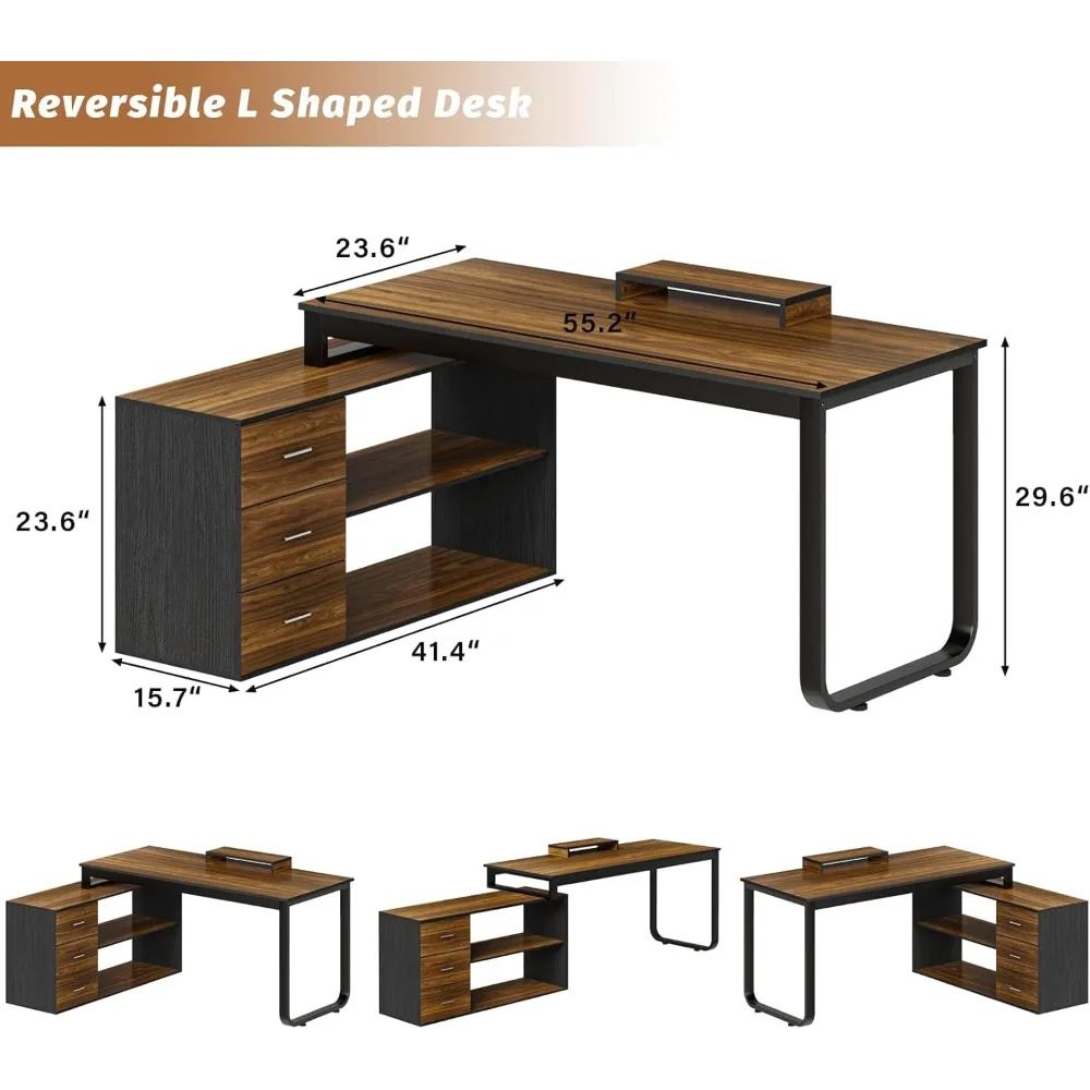 55 Inch Computer Desk with 3 Drawers & Storage Shelves，Desk with Adjustable Shelves & Monitor Stand，Reversible Office Desk