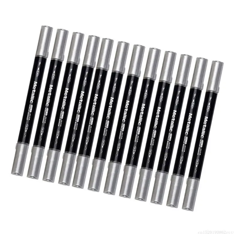 D5BB Acrylic Craft Markers with Brush End and Fine Line End, 12 Pack for Greeting Cards, Gift Labels, and Dark Paper