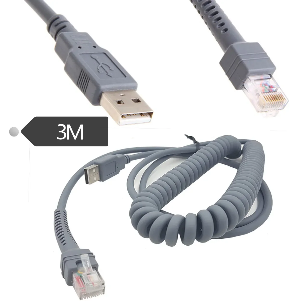 Spiral wound cable for bar code scanner.USB to RJ45 Helical spring cable for Symbol Barcode Scanner LS4278 LS2208 2208AP Generic