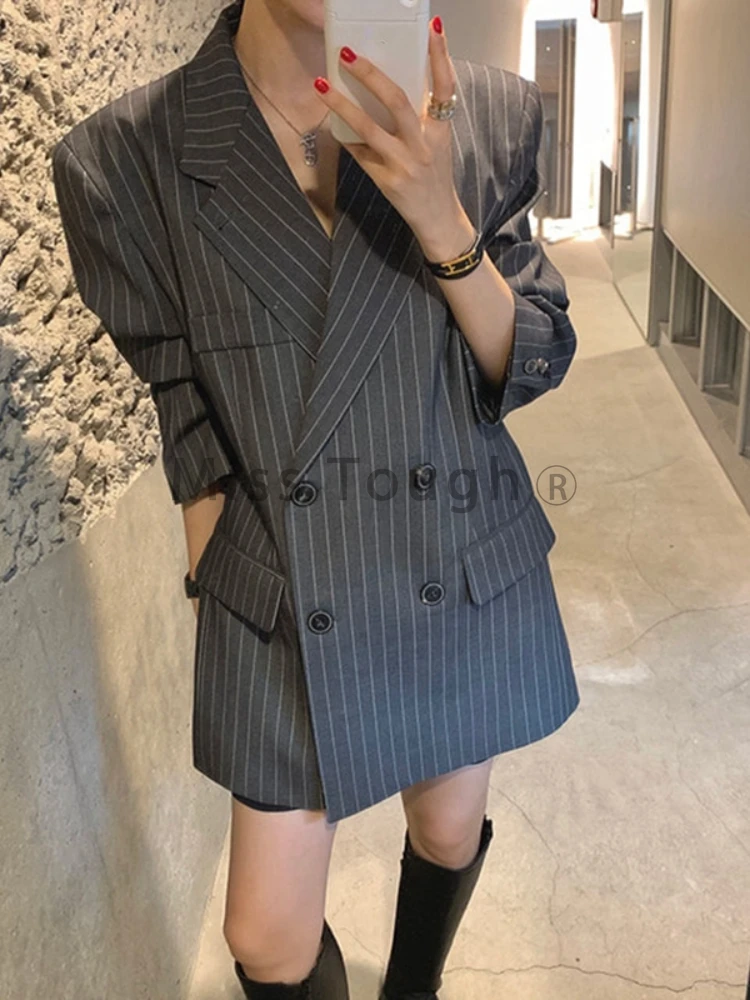 Korean Elegant Stripe Loose Suit Skirt Women Vintage Solid Double Breasted Slim Coat Female Designer Lapel Long Sleeve Clothing