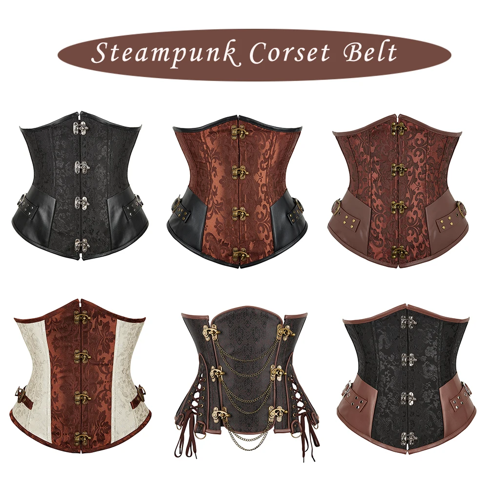 Corsé debajo del busto para mujer, Top de disfraz de pirata, corsés Vintage de Jacquard para mujer, cinturón de corsé con cordones, disfraces de Cosplay Steampunk, marrón