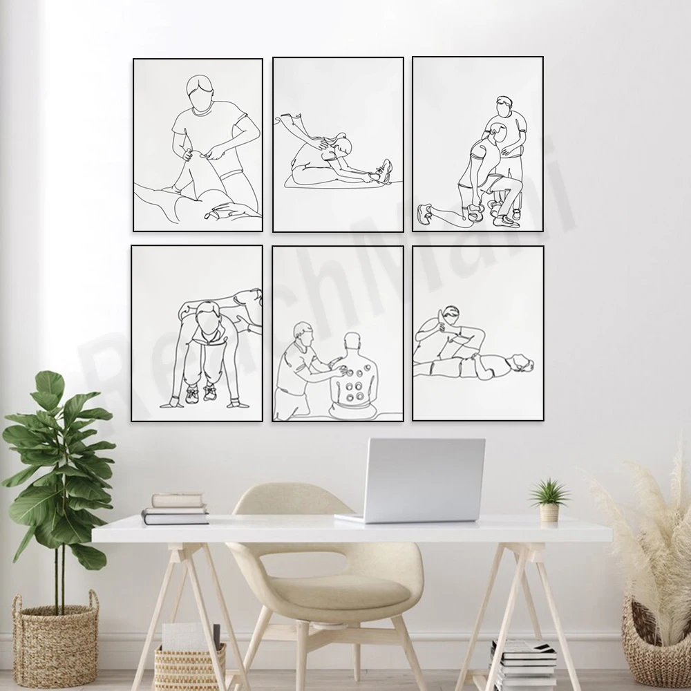 Minimalist sports therapy line art, athlete injury rehabilitation canvas print, massage sketch, office decoration poster