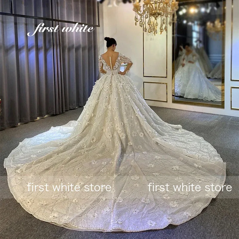 Customized Long Sleeve Reception Dress For Bride Sweep Train Wedding Dresses Appliques Beading Crystal Bridal Gown Robe Mariage