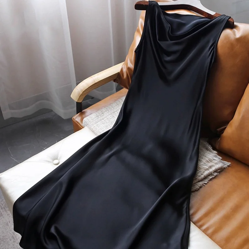 BirdTree OEKO-TEX 100%  Silk Dress,Women Satin Swinging Collar Sleeveless Dresses,2025 Summer Elegant Dresses D5O110JF