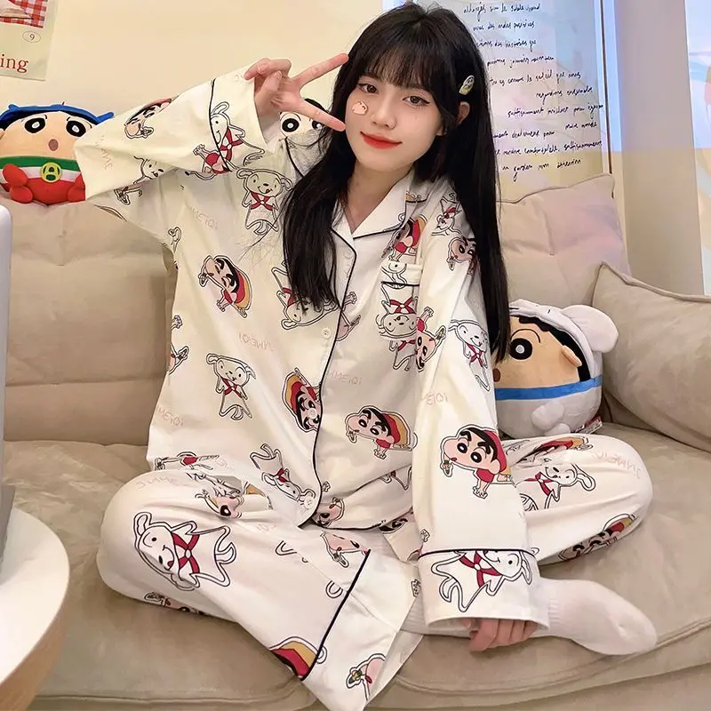 New Japanese Crayon Shin-chan Anime Women Pajamas Spring Autumn Loose Leisure Can Go Out Homewear Two-piece Girl Birthday Gift