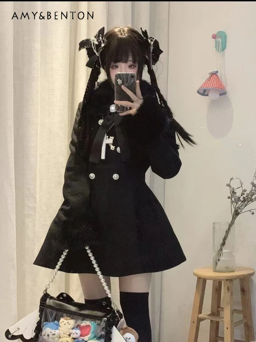 النمط الياباني الحلو القوس معطف الصوف الأسود للنساء الخريف الشتاء جديد انفصال الفراء طوق مزدوجة الصدر ضئيلة سترة صوفية