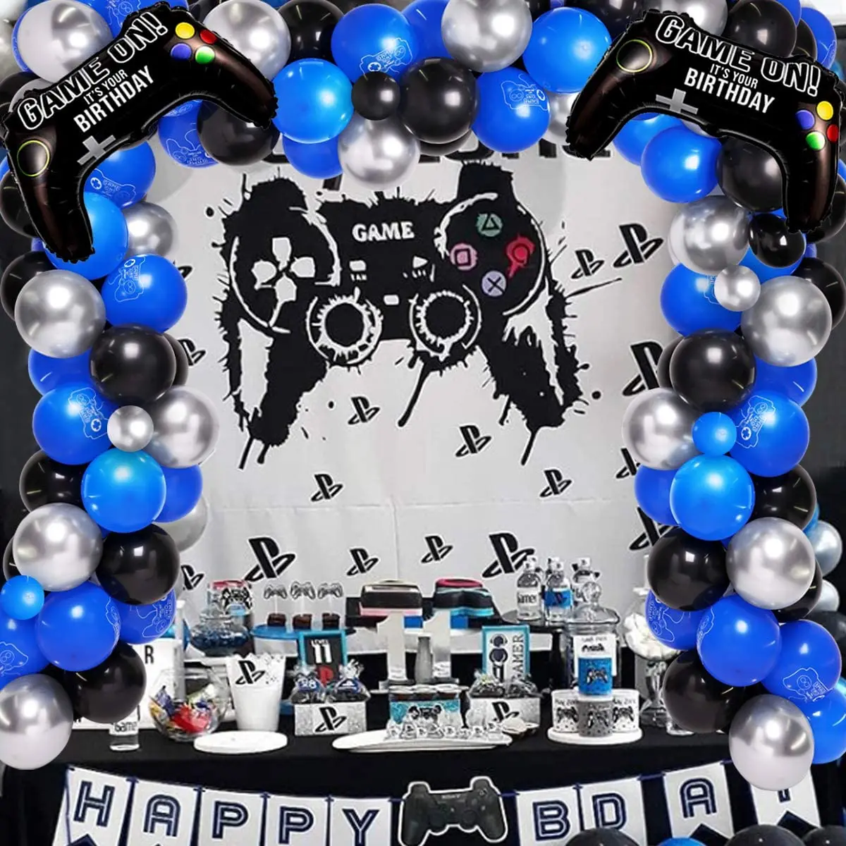 

Video Game Party Decorations Blue Game on Balloon Garland Party Supplies Silver Banner for Game Fans Controller Foil Balloons