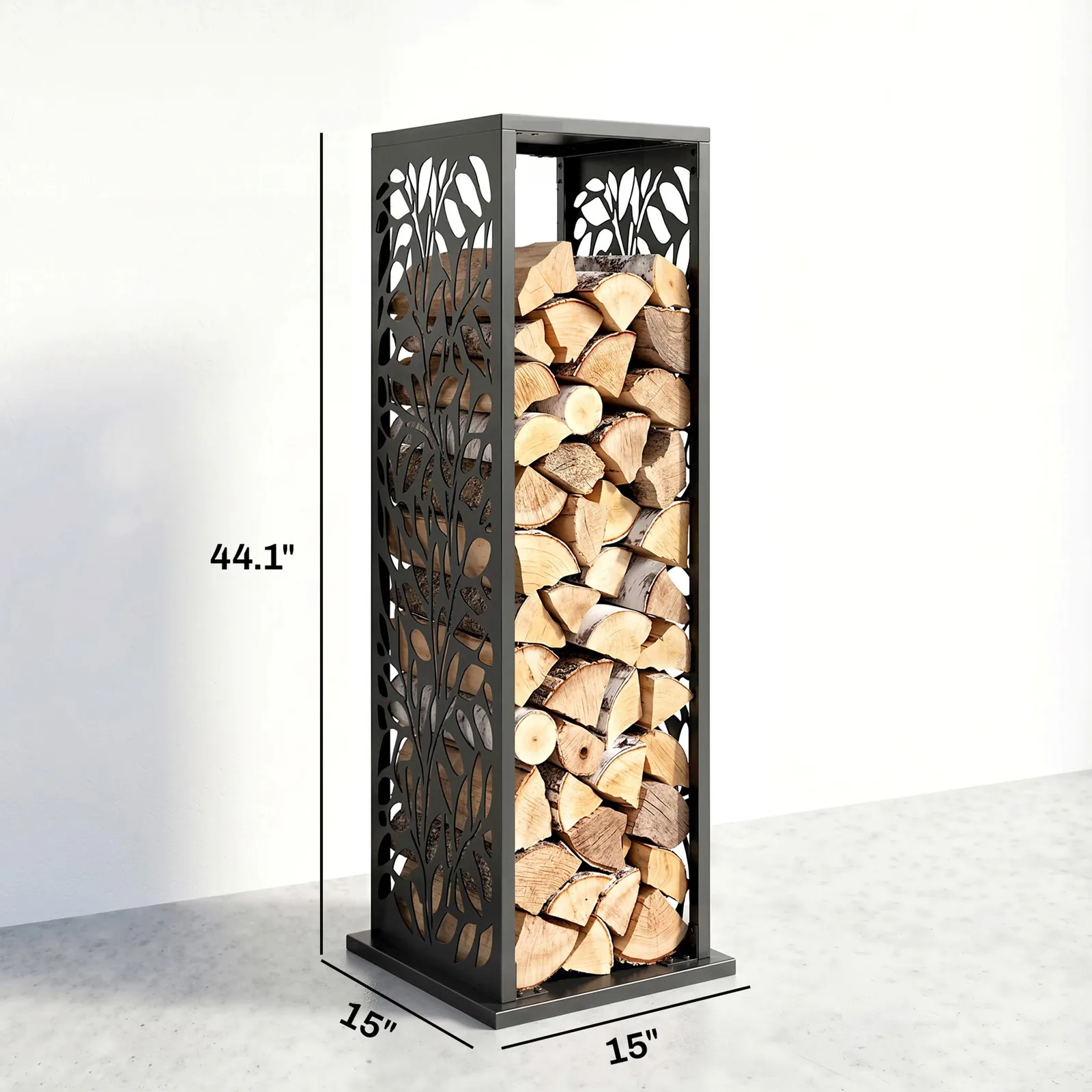 15 Inch Firewood Rack Outdoor Indoor with Cutout Design, Black