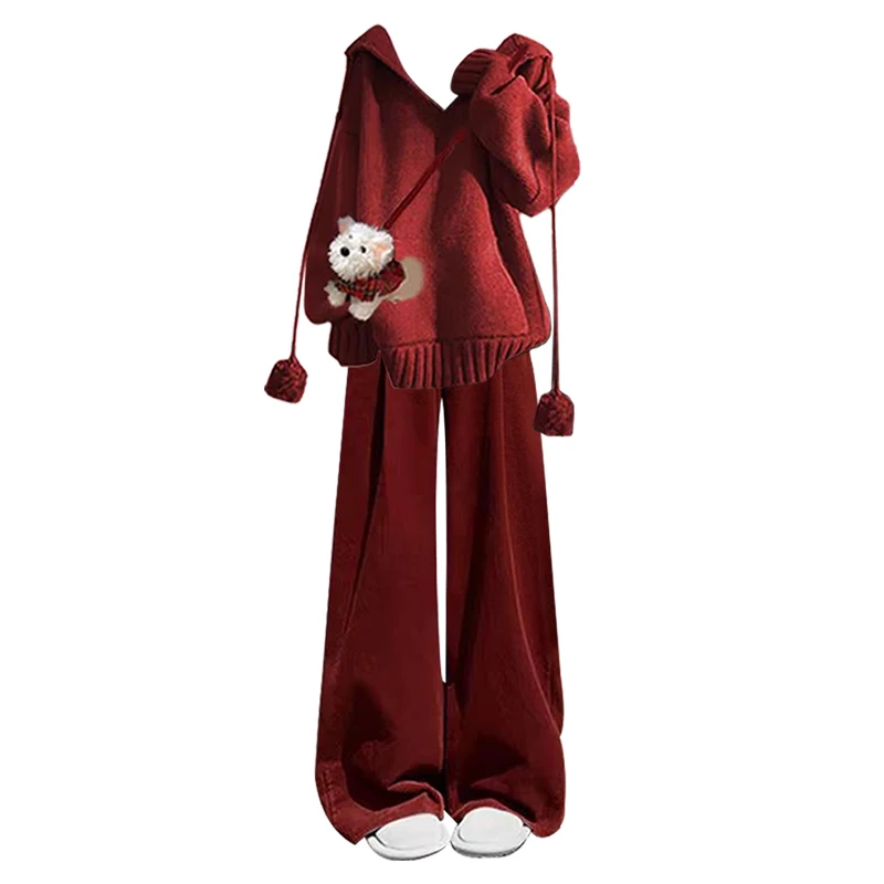 한국 슬레 니트 스웨터와 와이드 레그 팬츠 투피스 세트 슬림핏 다용도 여성 패션 세트 롱 후드티