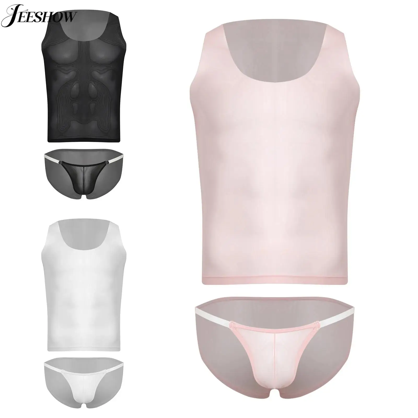 

Mens Sexy See Through 2 Piece Outfits Quick-Dry Seamless Sleeveless Tank Top Undershirts with Low Rise Bulge Pouch Thongs Sets