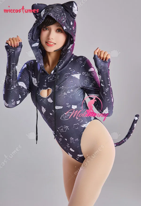 

Women Sexy Lingerie Cat Hooded Bodysuit Chest Cutout Long Sleeve One-piece Bodysuit with Tail Lingerie Sleepwear Sexy Costumes