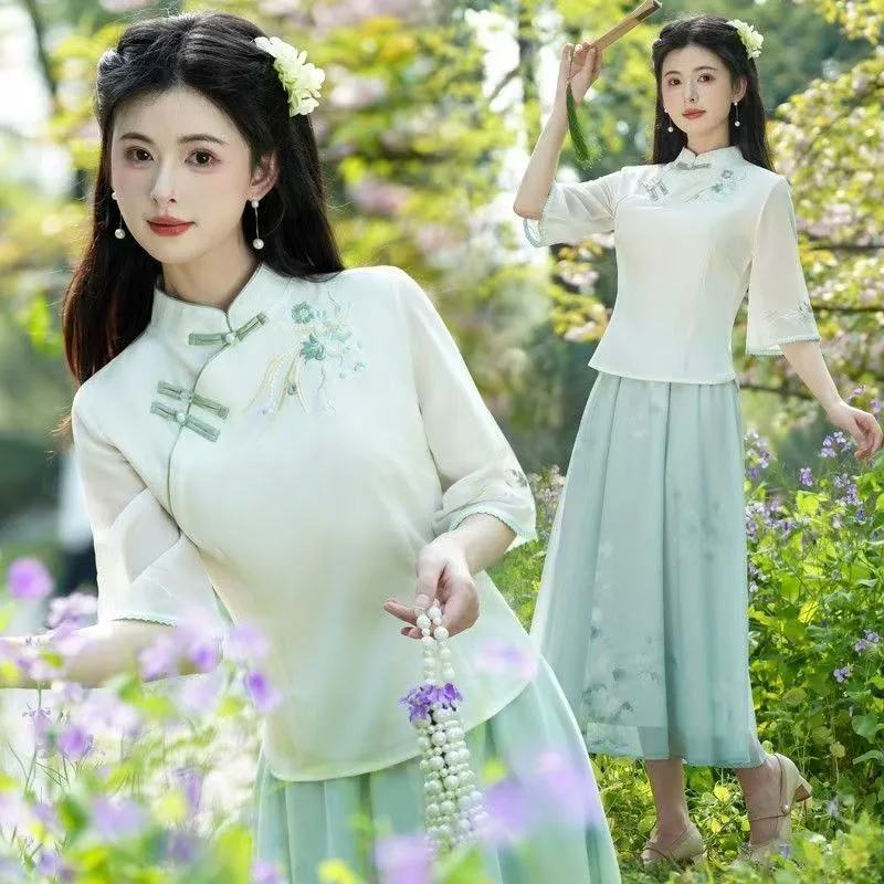 Embroidery Fashionable Elegant Slimming Student Work Set Daily Ethereal Stage Fashion New Chinese-style Hanfu with Ethnic Style