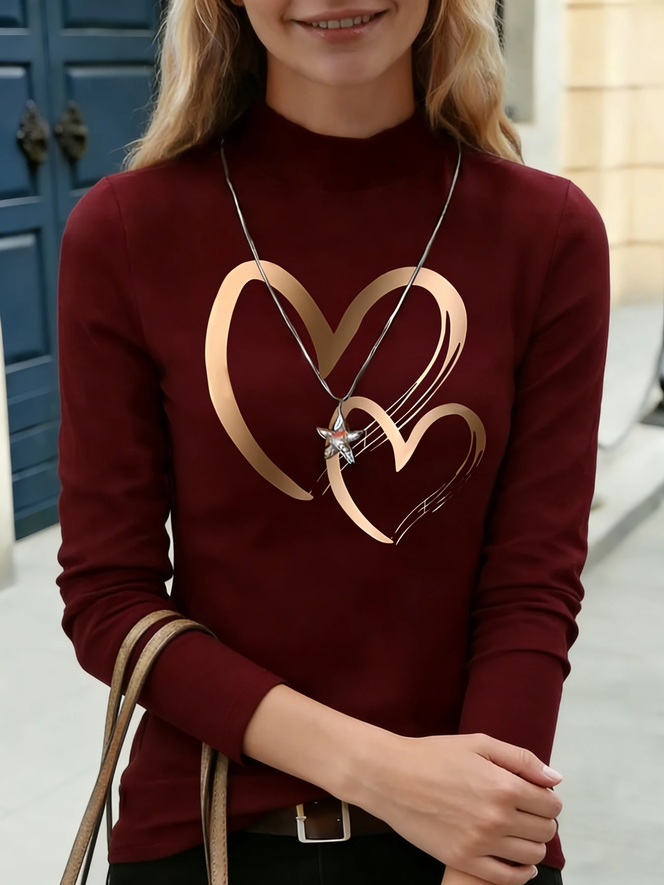 Women Mock Neck Long Sleeve Tops Rose Gold Double Heart Print Casual Blouse Fashion Daily T-Shirt Soft Tops For Spring Autumn
