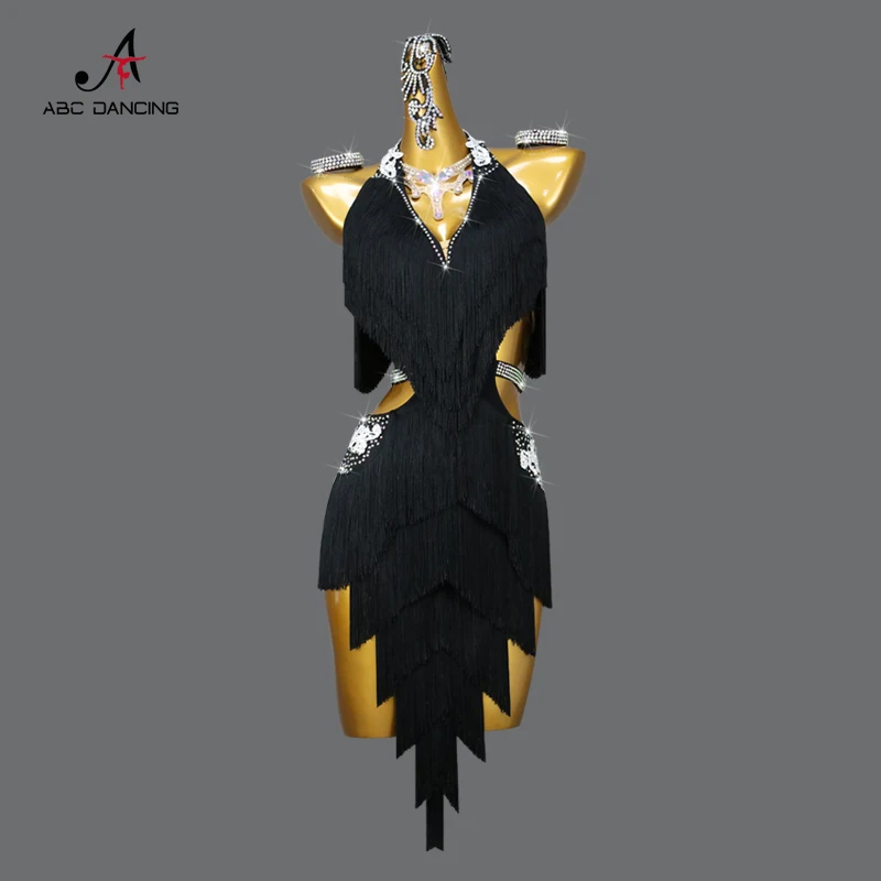 Black Latin Dance Dress Party Performance Women Ballroom Adult Wear Tassel Sports Costume Girls Sexy Short Skirt Midi Customized