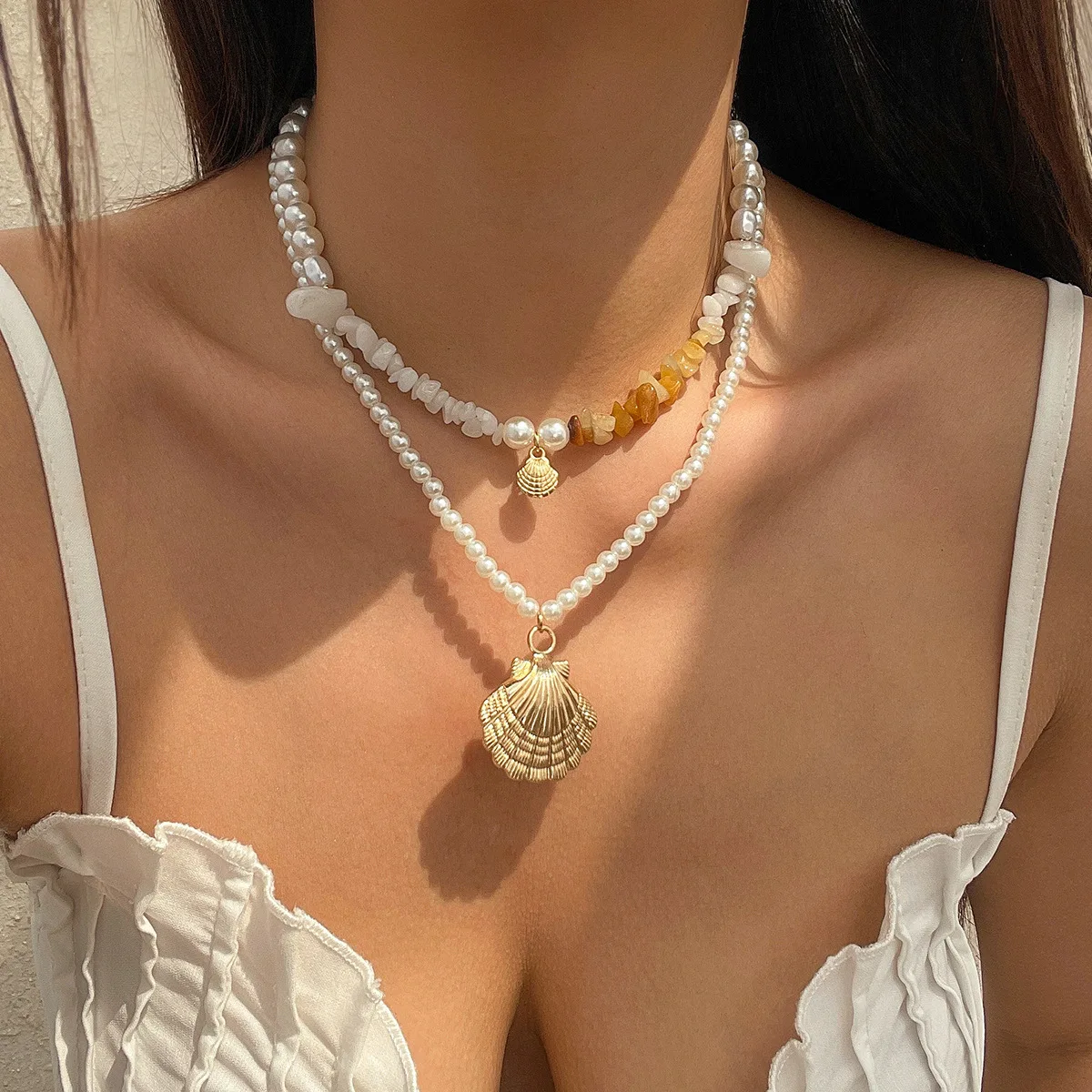 Boho Shell Starfish Shape Pendant Necklace for Women Imitation Pearl Layered Chain Necklace Summer Beach Neck Jewelry