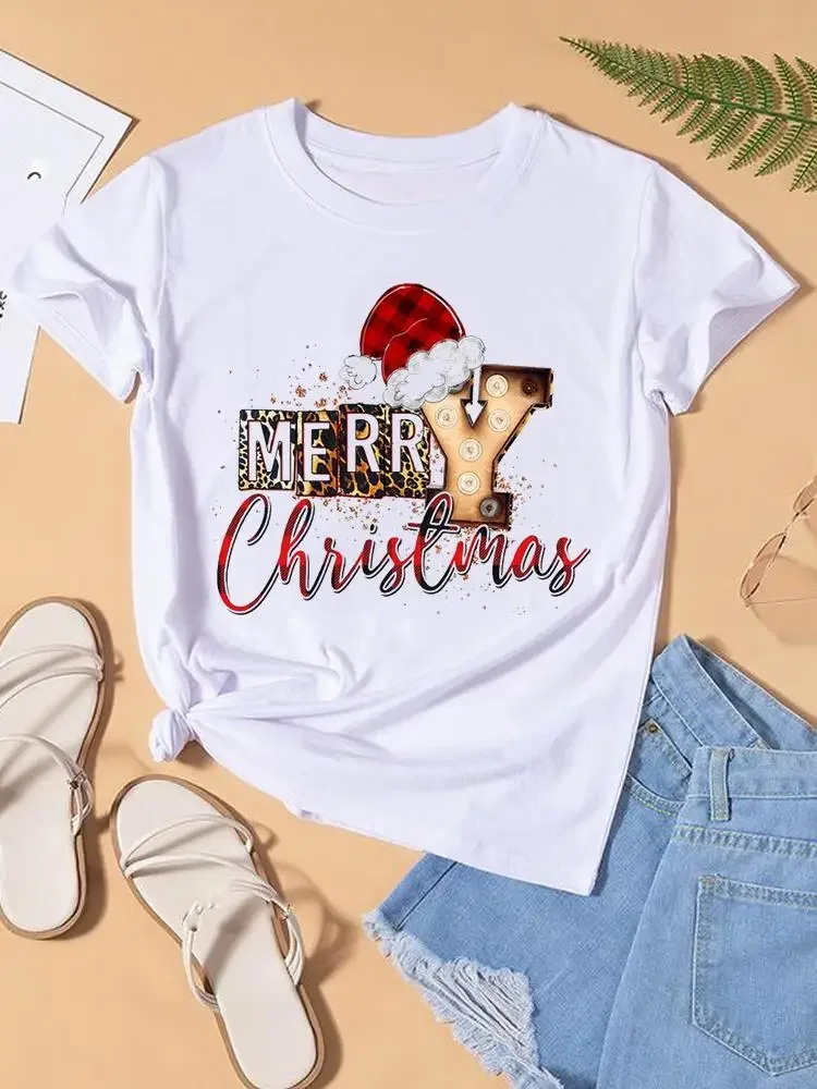 Druck Frauen T-Shirt Top Mode Weihnachten Dame Neujahr Shirt Brief schönen Stil niedlichen Trend Kleidung Kleidung Grafik T-Shirt