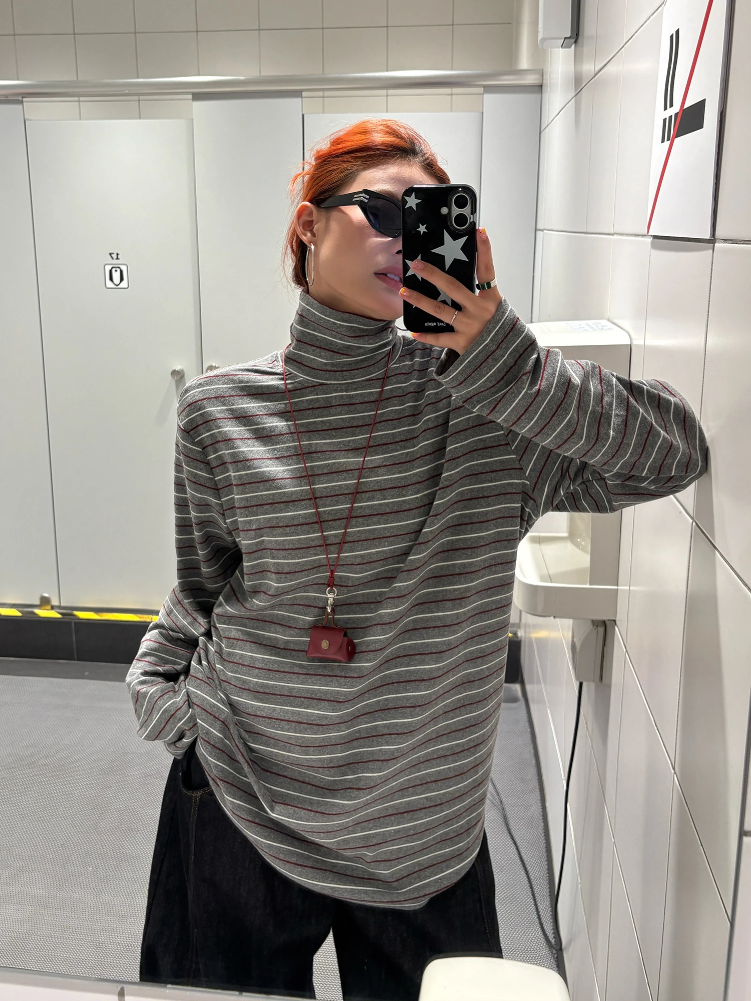 

Wild American Retro High Ne Stripe Long Sve Base irt Women Loose Versatile Inner Wear Top Autumn New Sle Simple Commute