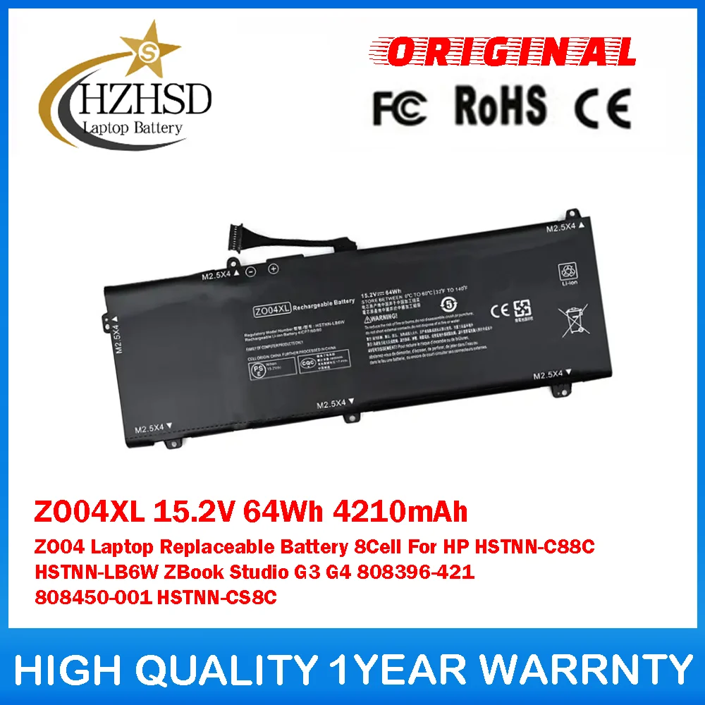 

ZO04XL 15.2V 64Wh 4210mAh ZO04 Laptop Replaceable Battery For HP HSTNN-C88C HSTNN-LB6W ZBook Studio G3 G4 808396-421 808450-001
