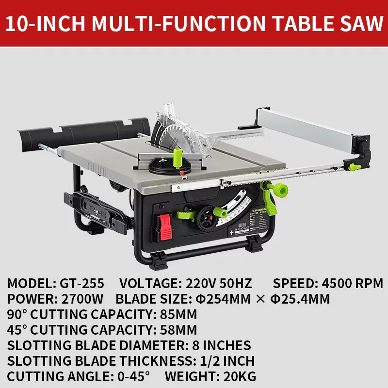 2700W Dust-Free Saw 10-inch 255 Bench Saw Adjustable Height & Bevel Cutting Multi-Slot Multi-Function New Compact Woodworking Sa
