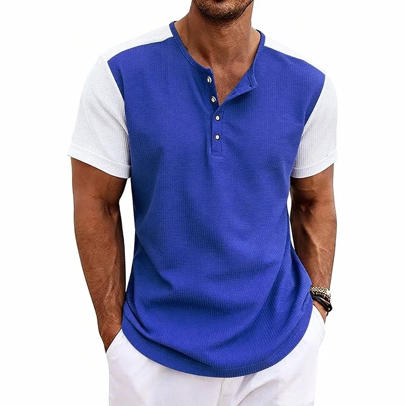 Men's Color-blocked Henry T-shirt, Summer Loose Short-sleeve Waffle Size Base Shirt