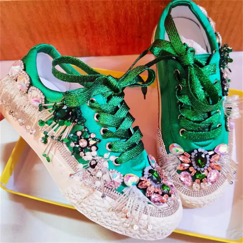 Sequin tassel rhinestone three-dimensional flower canvas shoes hand-customized green flower satin top sports women's shoes 35-40