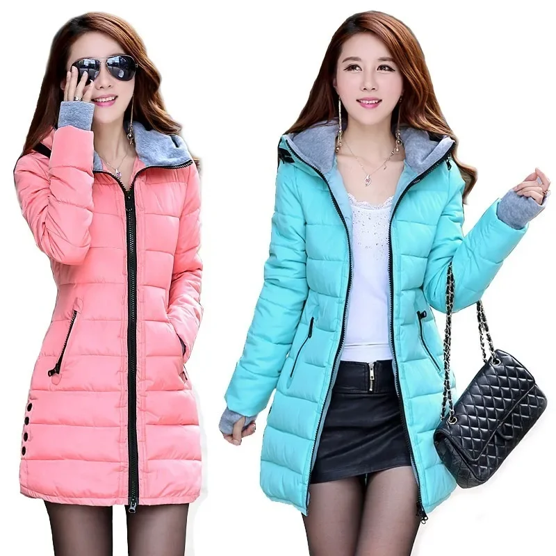 Fashion Casual Women Gloves Slim Down Cotton Jacket Autumn Winter Medium Long Styles Parkas Overcoat Warm Thick Lady Hooded Coat