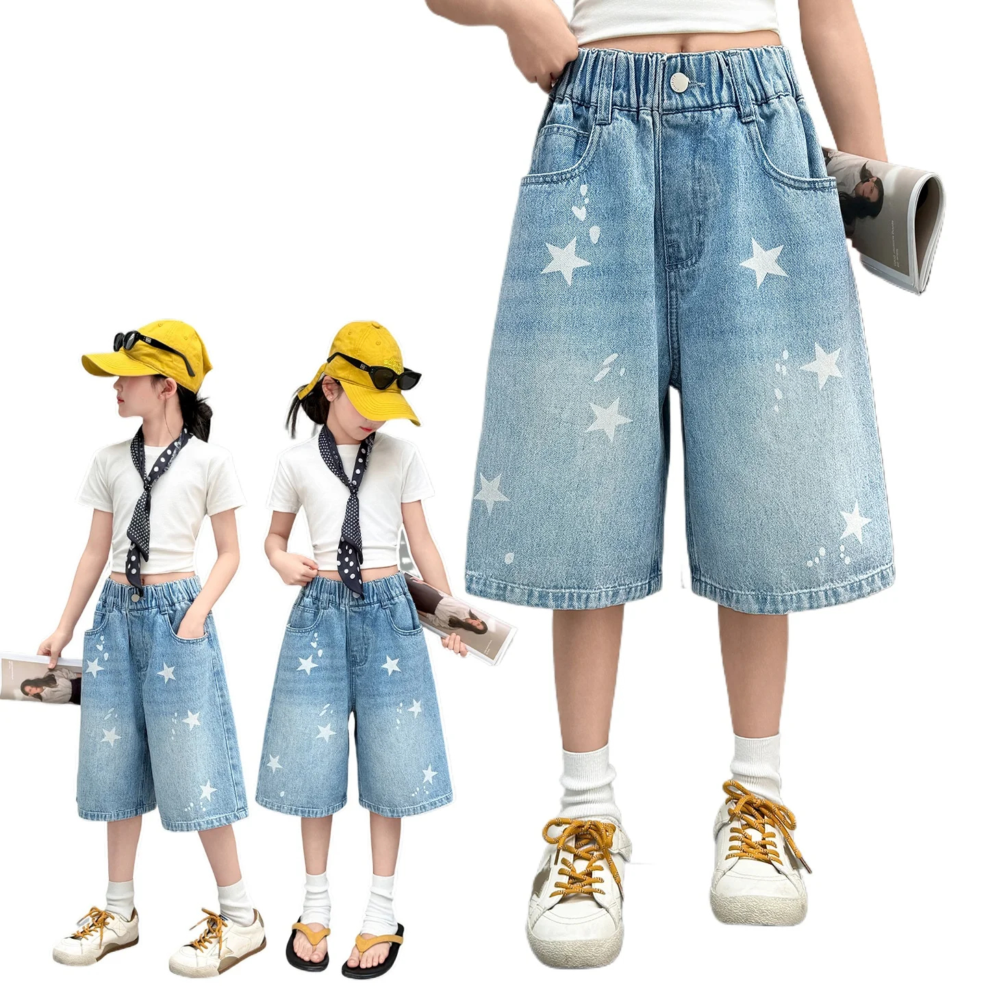 Stylish Kids Child y2k Denim Shorts with Stars for Tweens Girl Harajuku Vintage Star Print Denim Shorts Summer Daily Wear Bottom