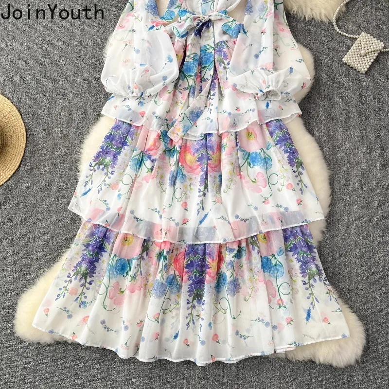 Robe en mousseline de soie imprimée vintage pour femmes, robes Maxi, taille fine, manches lanterne, robe florale d'été, 2024