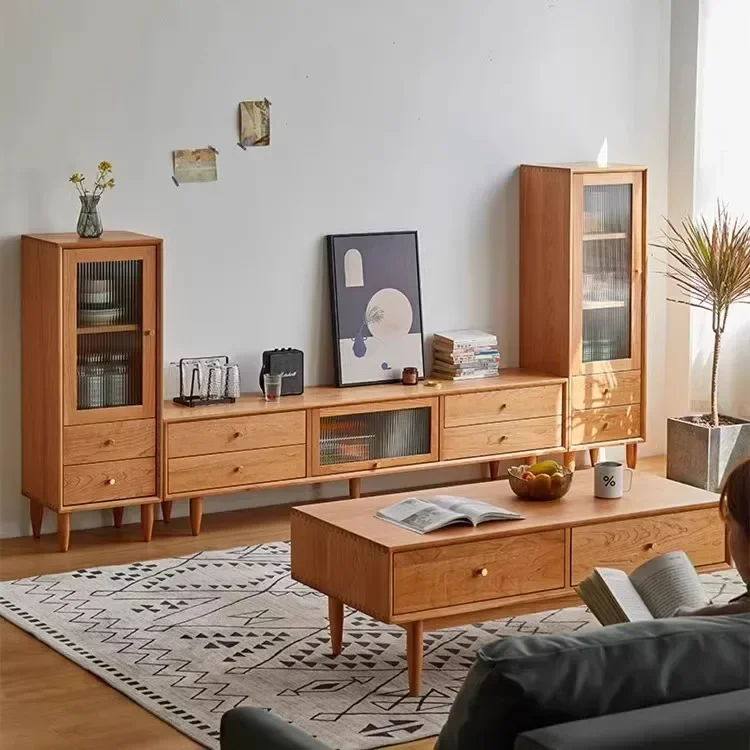 

TV cabinet modern simple living room combination small apartment log cherry wood sunny day floor cabinet