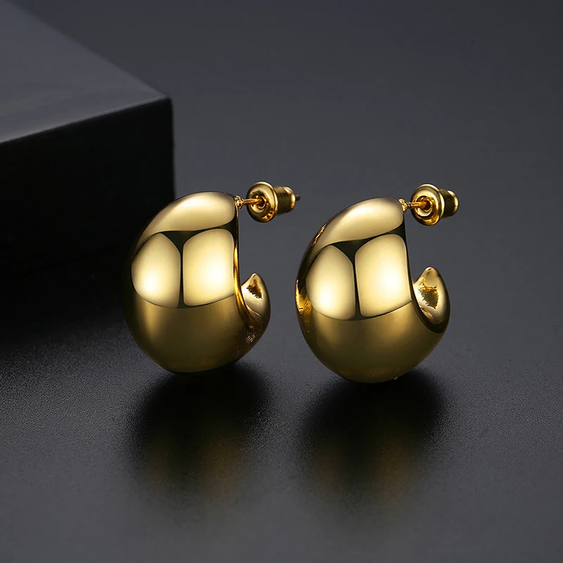 LUOTEEMI Vintage Gold Color Earrings Simple Glossy Chunky Hoops Temperament Jewelry for Woman 2023 Trend Fashion Cute Gifts