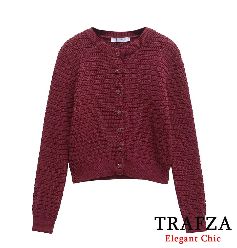 TRAFZA-Women Stylish Burgundy Cardigan Sweater O-Neck Buttons Romantic Knitted Cardigan New 2025 Autumn Winter Commuter Sweater