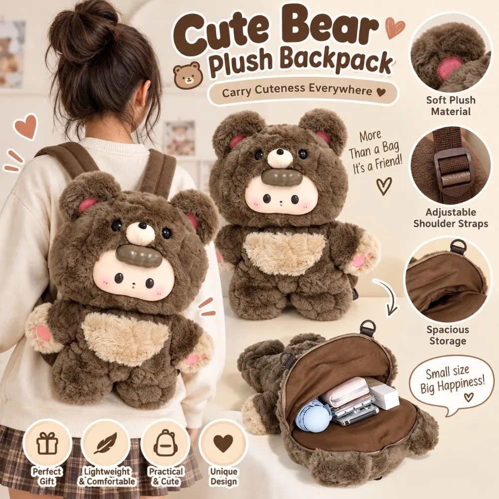 Cute Large Capacity Bear Backpack Lightweight Adjustable Straps Cute Cartoon Backpack Fabric Furry Shoulder Bag Gift