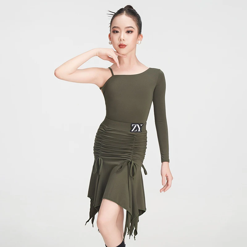 Crianças onw manga latina topo babados saia meninas competição de dança latina traje crianças rumba vestidos de dança de salão sl14001