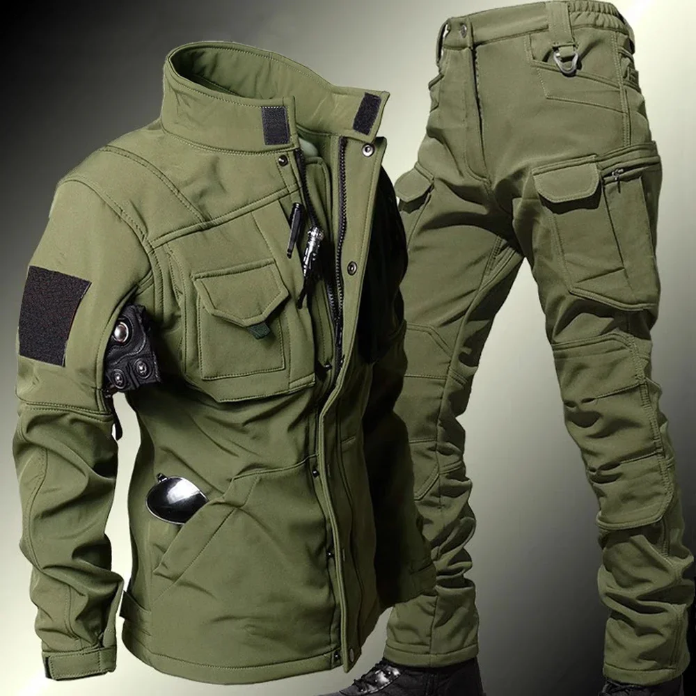 À prova de vento à prova dwindproof água terno motociclista dos homens jaqueta tática calças define inverno pele tubarão militar casca macia uniforme casacos lã quente