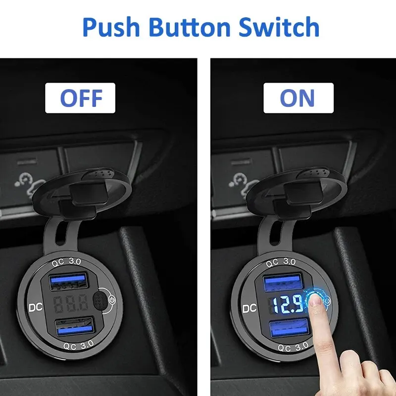 Caricabatteria rapido in alluminio QC3.0 caricabatteria da auto Dual USB con pulsante interruttore Display a tensione LED per auto 12V/24V barche