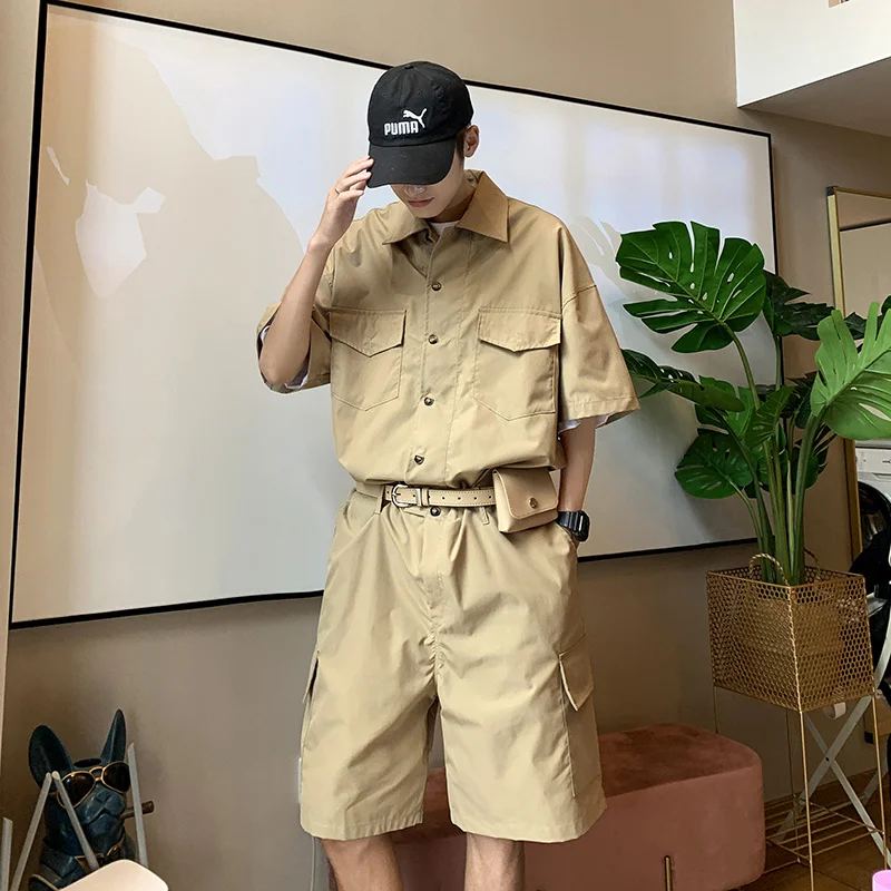 Summer Preppy Cargo Jumpsuit Men Loose Japanese Workwear Shorts American High Street Handsome Versatile Casual Rompers