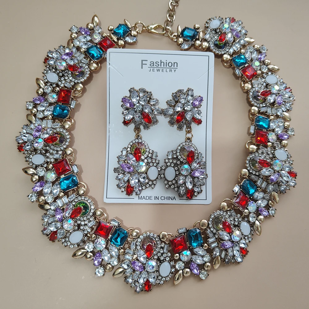 Women's Vintage Statement Earrings & Crystal Rhinestone Choker Set