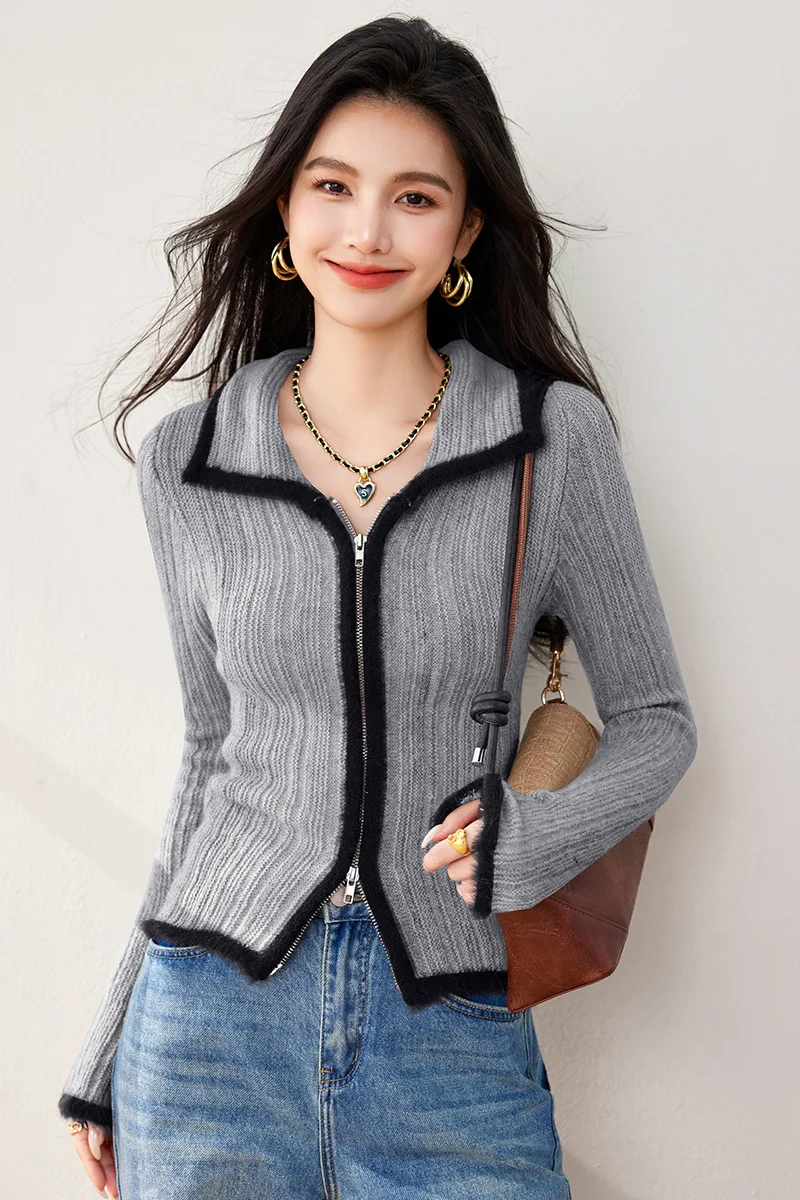 2024 Autumn and Winter New Unique American Retro Spice Girl Gradient Color Lapel Sweater Temperament Knitted Cardigan Woman