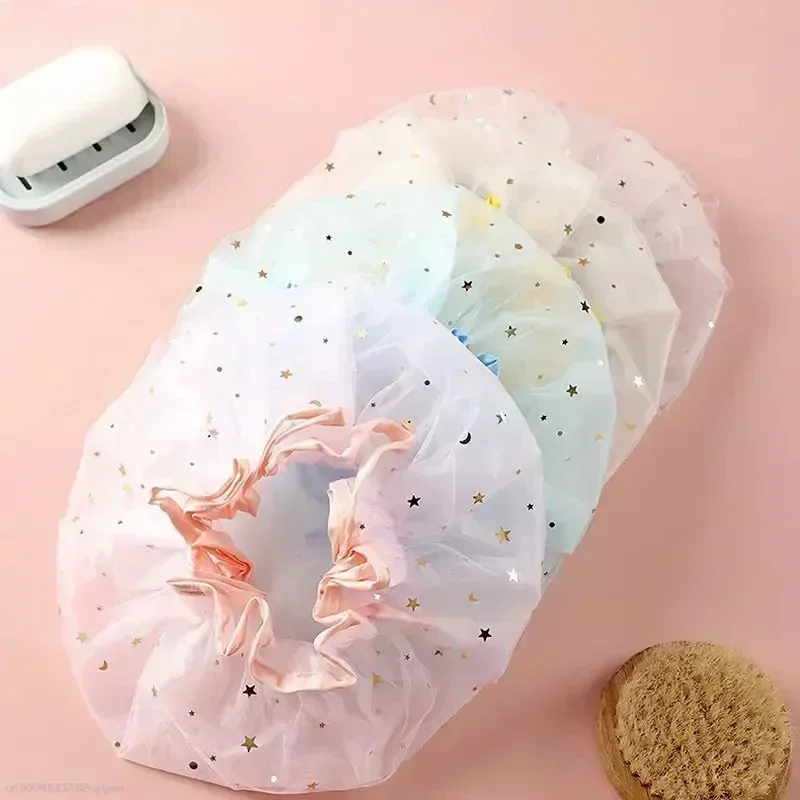 Double Layer Starry Sky Design Thick Waterproof Shower Cap Star Pattern Bathroom Hair Salon Supplies Bath Hat Bonnets For Women