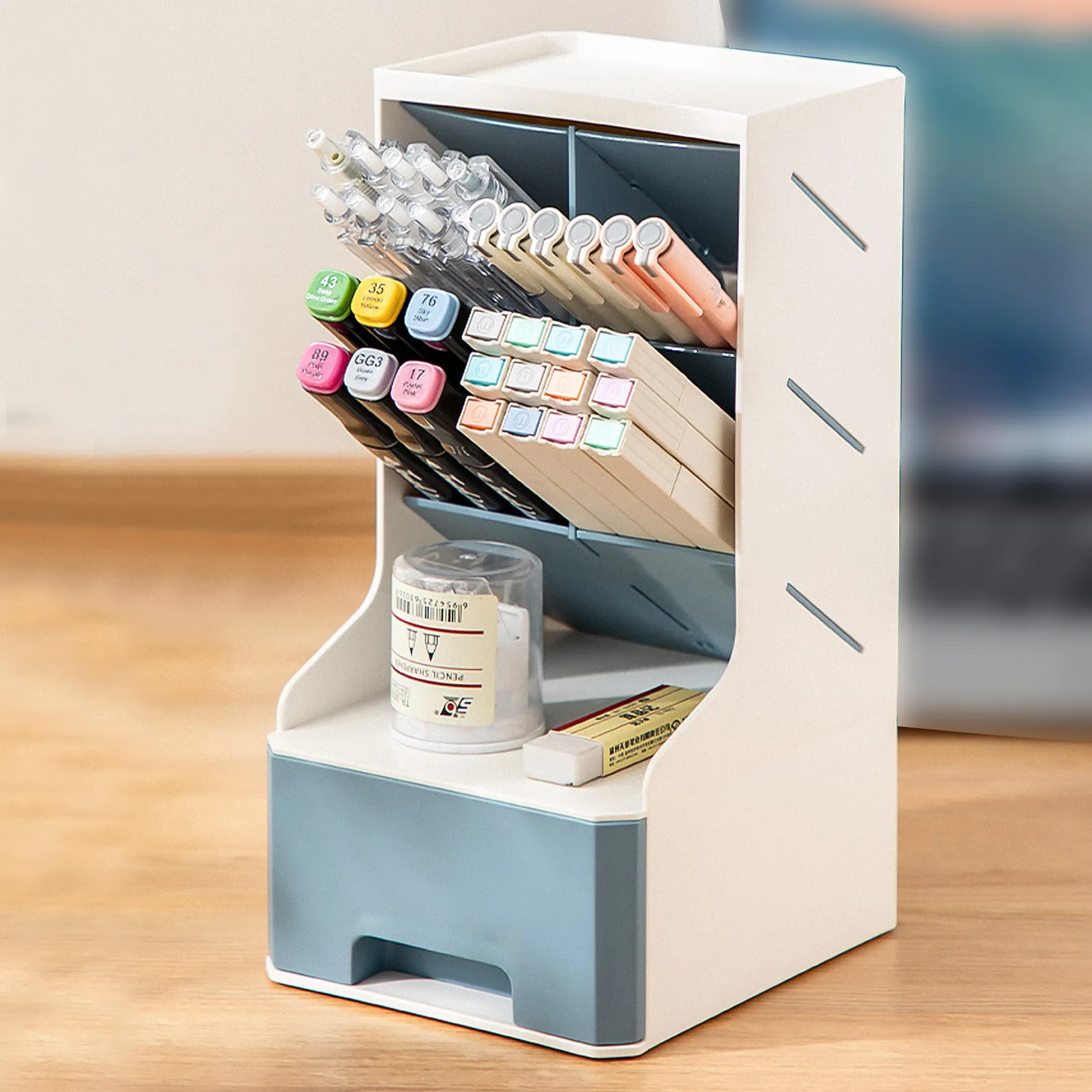 Multi-Angle Pen Holder Stationery Case with Drawer Design Safe Plastic Desktop Organizer for Pens Brushes Tidy Workspace