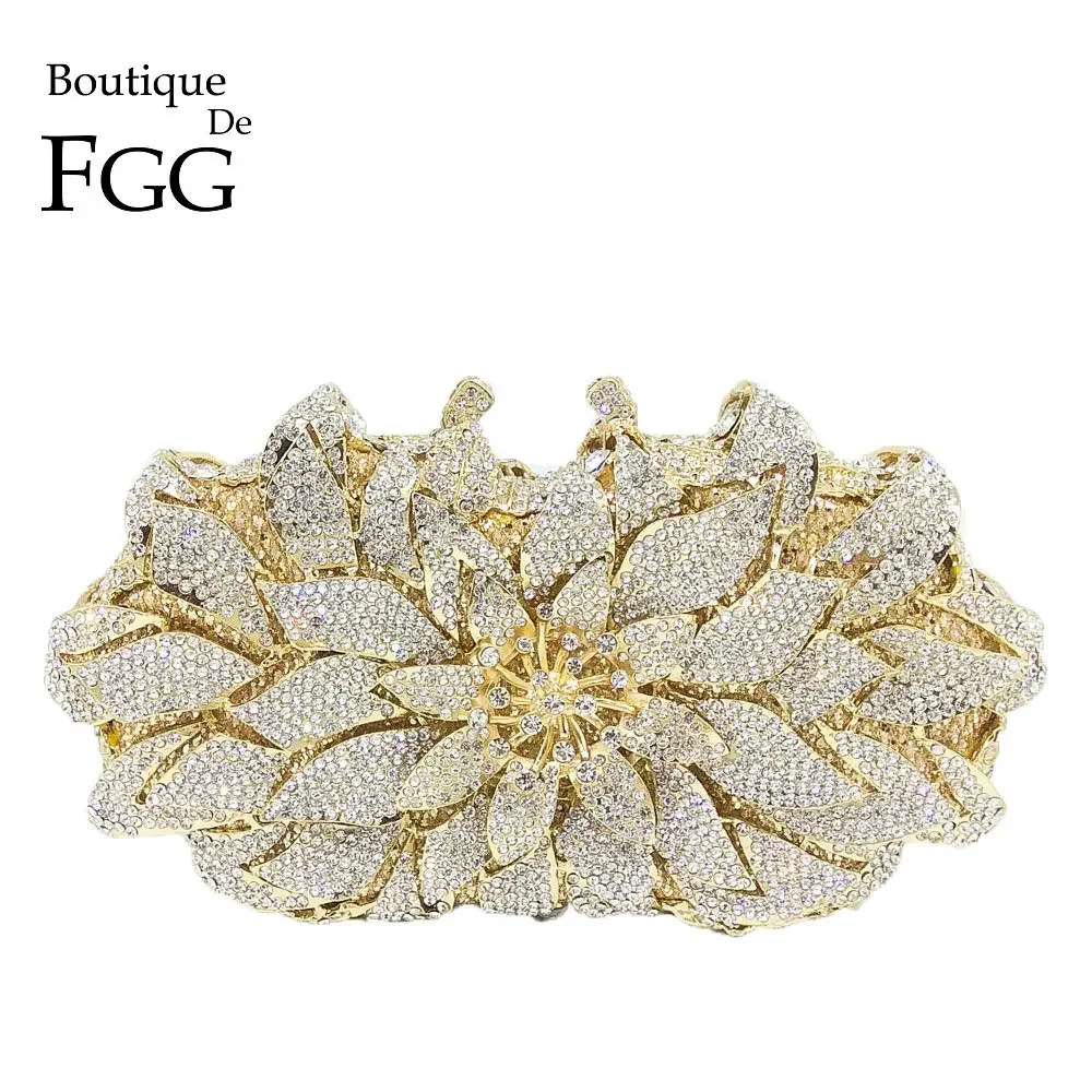 Boutique De FGG (w magazynie) Damskie Kwiatowe Kryształowe Torebki Wieczorowe Ślubne Kopertówki Torebka na Imprezę Kwiatowa Ślubna Torebka z Cyrkoniami