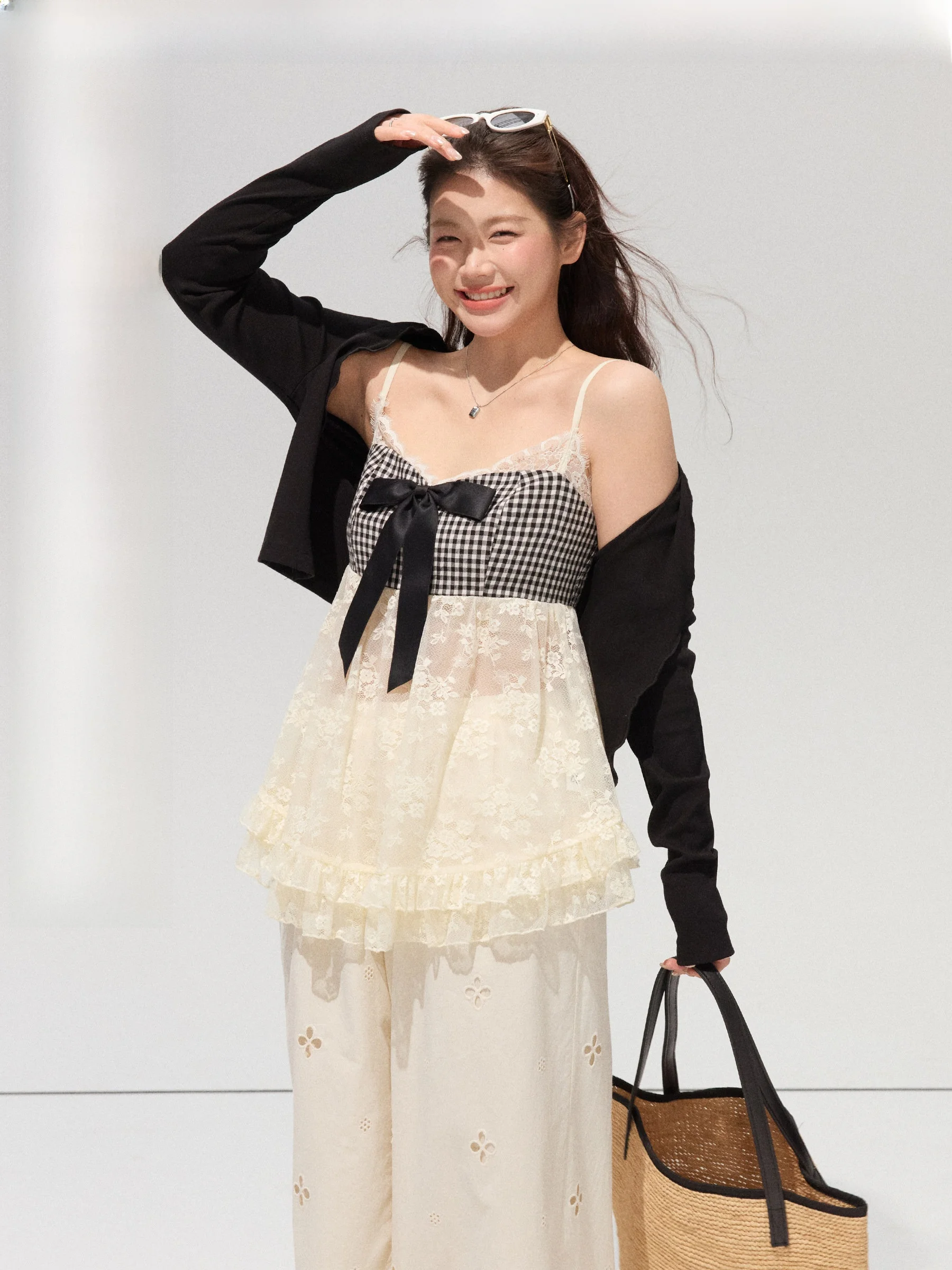

Angel's Wind Bell Oversized MM Color Block Knot Lace Strap Open Cardigan Large Size Set Sweet Style Long Pants Cott...