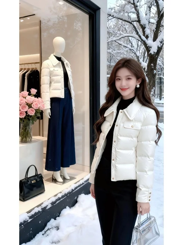 

Korean Sle White Cotton Jaet ort Collar Turn-down Collar Faionable Age-reducing Chic Fraance Sle Women's Coat
